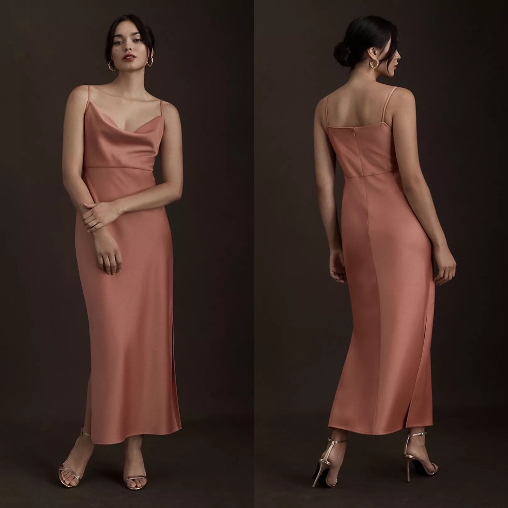 NEW! BHLDN Cali Satin Draped Cowl Neck Midi Slip Bridesmaid Dress Sedona Size 2